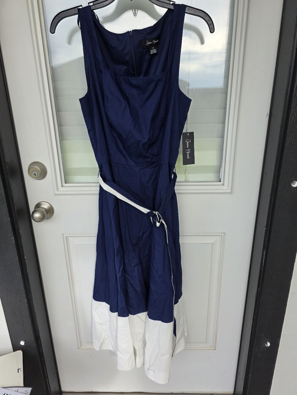 Jessica Howard Navy Blue White Hem Fit & Flare Dress Size 10 NWT Sleeveless Midi - Picture 2 of 8